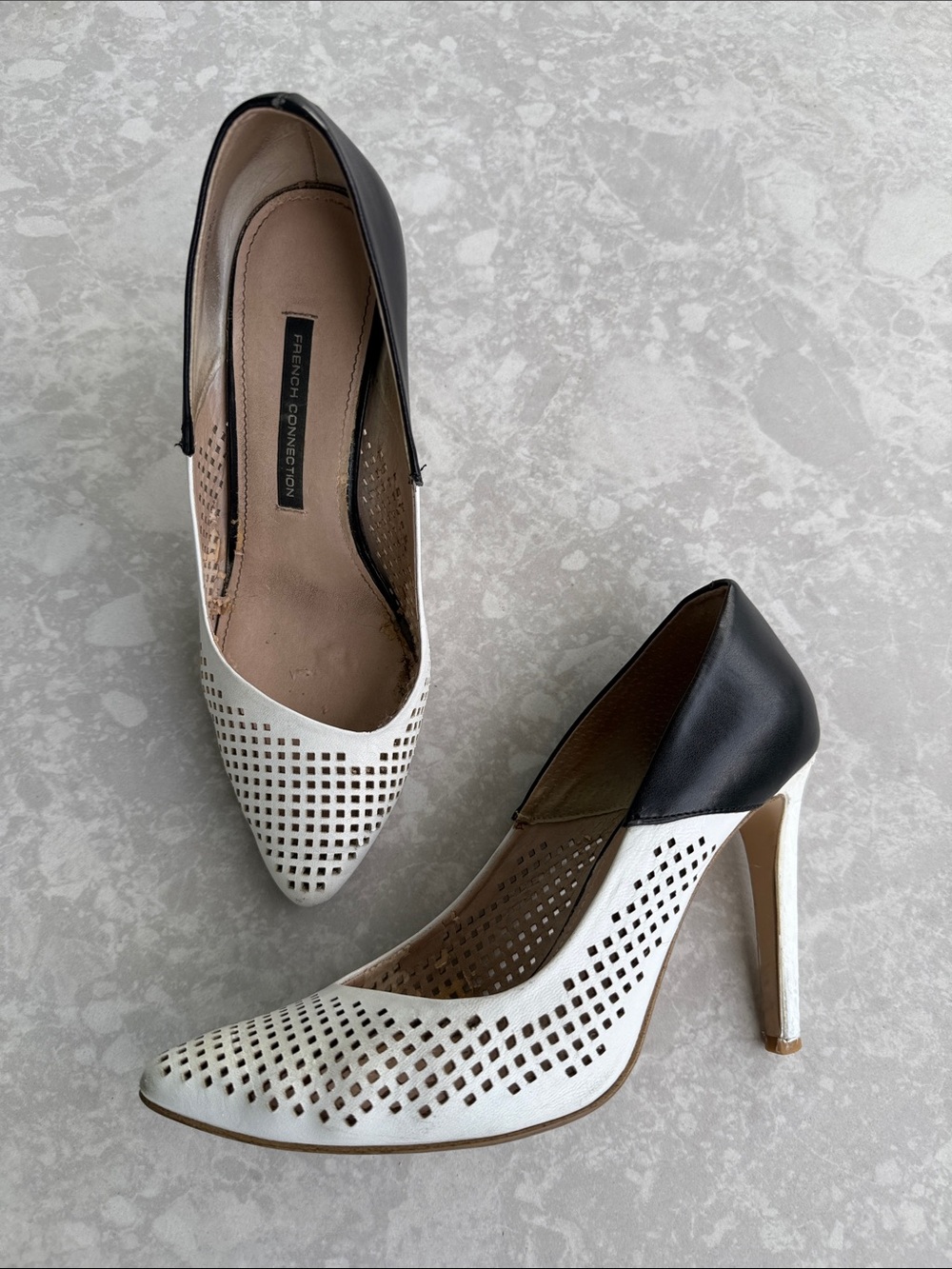 French Connection Black and White Perforated Leather Heels, Size 9